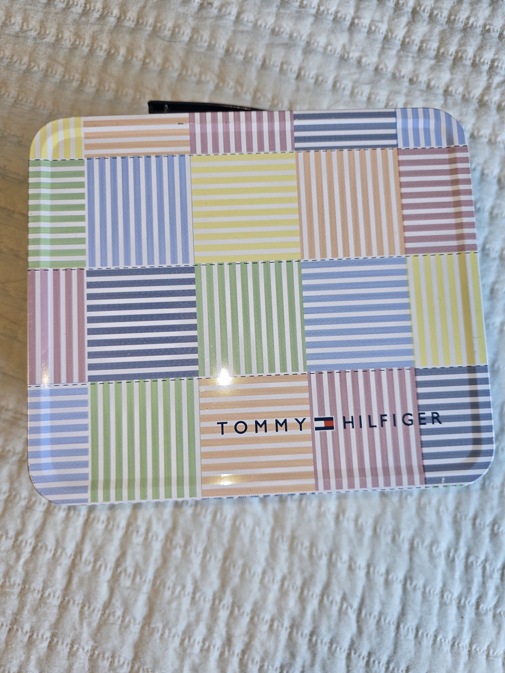 RARE Tommy Hilfiger Multicolor Pastel Striped Patchwork Tin Lunchbox Or Storage
